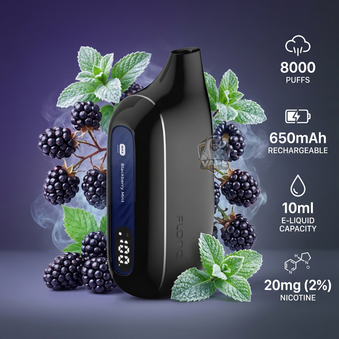 Flonqmaxs8000puffs20mgBlackberryMint, Black vape device with blackberries and mint leaves on a dark background