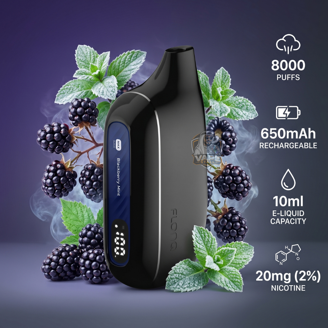 Black vape device with blackberries and mint leaves on a dark background