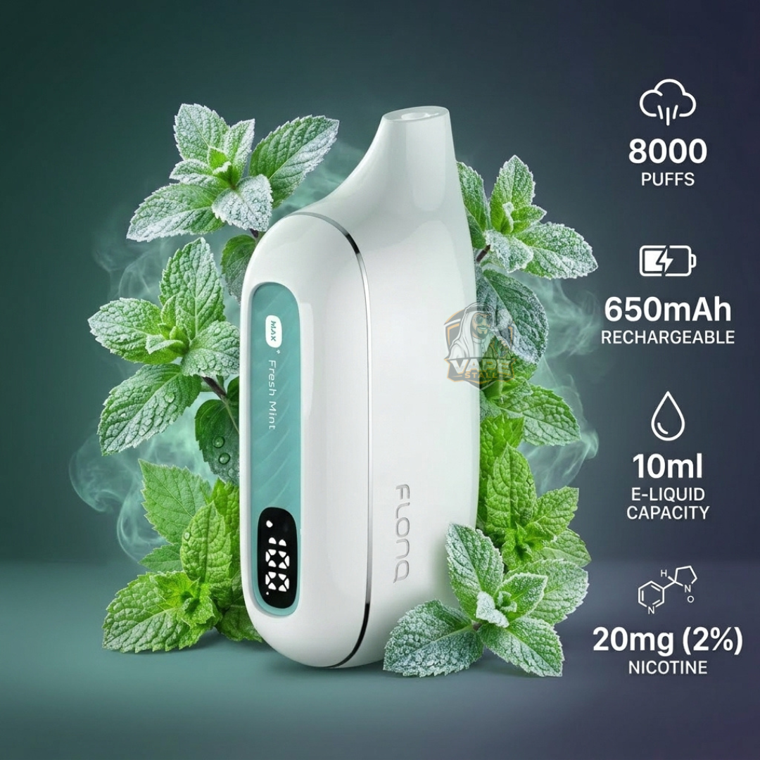 Flonqmaxs8000puffs20mgBlackberryMint, Vaping device with mint leaves and product specifications on a dark background