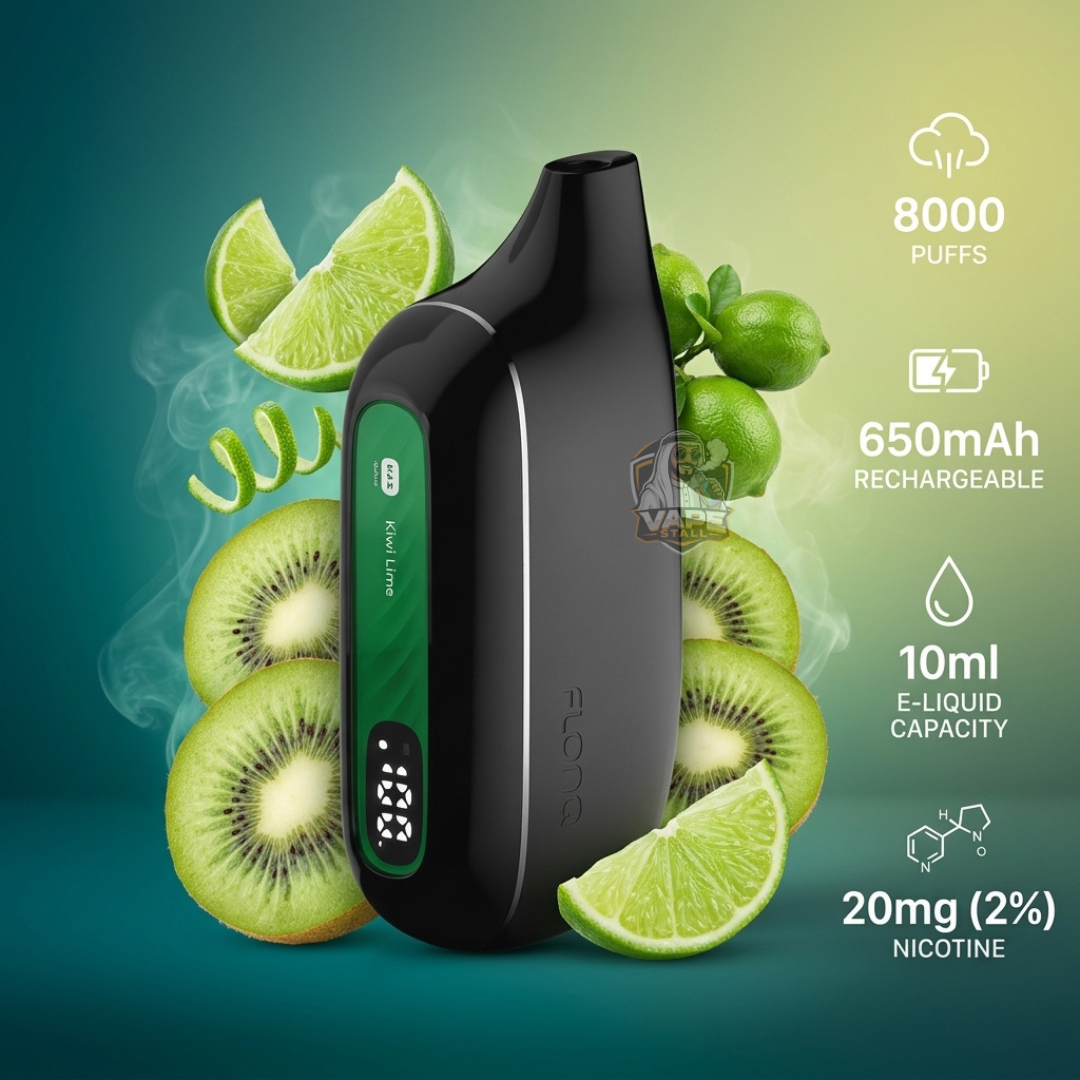 Flonqmaxs8000puffs20mgKiwiLime, Vaping device with lime and kiwi slices on a gradient background