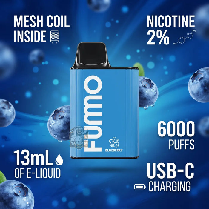 Blue FUMO disposable vape device with a black mouthpiece, shown on a blue graphic background with blueberries and text highlighting features like mesh coil inside, 2% nicotine, 6000 puffs, 13mL of e-liquid, and USB-C charging.