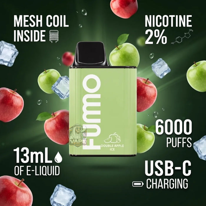 A Fumo disposable vape device in a light green flavor color, surrounded by floating red apples, green apples, ice cubes, and various text overlays detailing its features like 'Mesh Coil Inside', 'Nicotine 2%', '13mL of E-Liquid', '6000 Puffs', and 'USB-C Charging'.