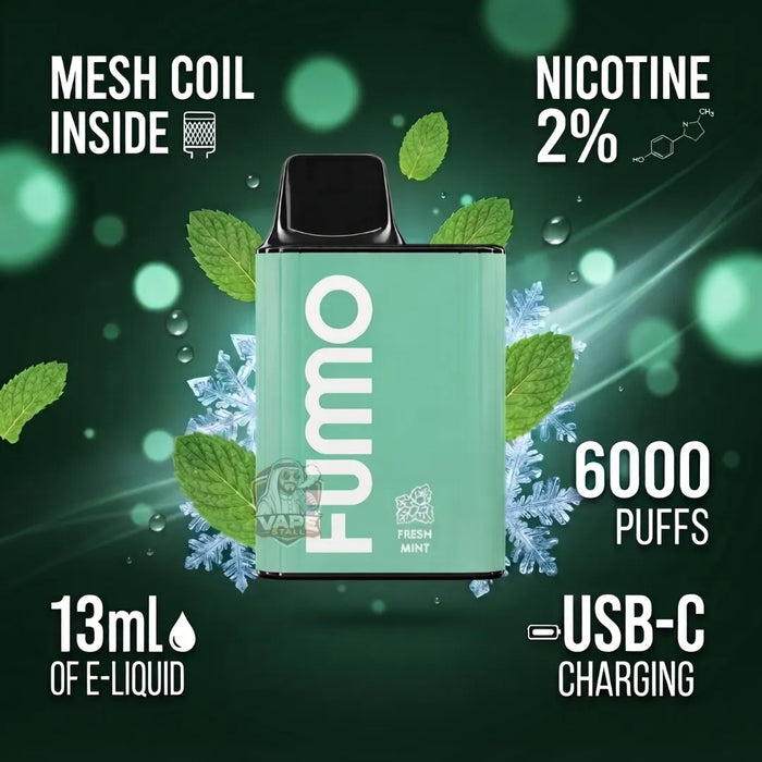 A mint green Fumo disposable vape device with a black mouthpiece, set against a dark green background with mint leaves, ice crystals, and text overlays highlighting features like 'Mesh Coil Inside', 'Nicotine 2%', '6000 Puffs', and '13ml of E-Liquid'.