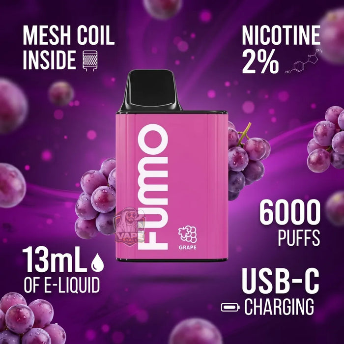 A FUMMO POWER Grape flavor disposable vape device with a blue and black body, surrounded by purple grape juice smoke and fresh grapes on a dark background. Text on the image lists the brand as FUMMO, flavor as Grape, puffs as 15000, volume as 10ml, and nicotine as 2% Nicotine.