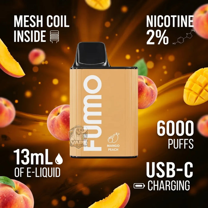 Fumo disposable vape device in Mango Peach flavor, shown with promotional text overlays highlighting features like 'Mesh Coil Inside', 'Nicotine 2%', '6000 Puffs', '13mL of E-Liquid', and 'USB-C Charging'. The background is a dynamic, glowing orange and gold abstract pattern with floating peach and mango graphics.