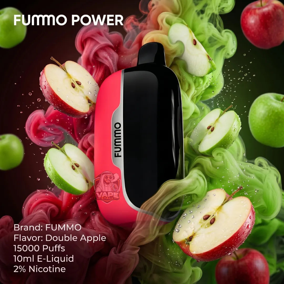 FUMMO POWER vape device in a pink and black color scheme, surrounded by fresh apple slices and colorful liquid swirls, with text detailing the flavor and specifications.