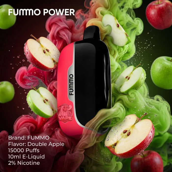 FUMMO POWER vape device in a pink and black color scheme, surrounded by fresh apple slices and colorful liquid swirls, with text detailing the flavor and specifications.
