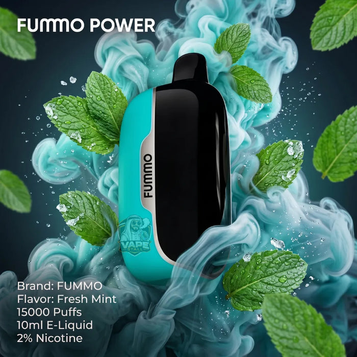 A FUMMO POWER disposable vape device in mint green and black, surrounded by mint leaves and blue smoke, with product details text on a dark background.