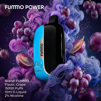 A FUMMO POWER Grape flavor disposable vape device with a blue and black body, surrounded by purple grape juice smoke and fresh grapes on a dark background. Text on the image lists the brand as FUMMO, flavor as Grape, puffs as 15000, volume as 10ml, and nicotine as 2% Nicotine.