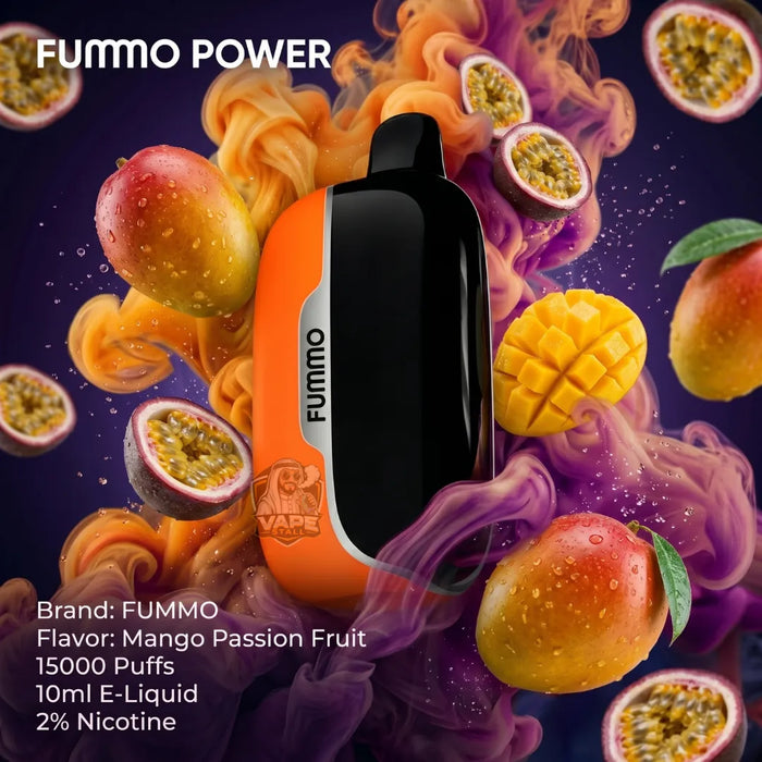 FUMMO POWER disposable vape device in Mango Passion Fruit flavor, shown with vibrant orange and black colors surrounded by mangoes, passion fruit slices, and purple smoke effects on a dark background. Product details text is visible on the bottom left.