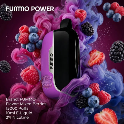 A FUMMO POWER disposable vape device in a purple and black color scheme, surrounded by colorful liquid smoke and fresh mixed berries like raspberries, blueberries, and blackberries. The image features text overlays detailing the flavor as 'Mixed Berries' and listing specifications including 10ml e-liquid, 15000 puffs, and 2% nicotine.