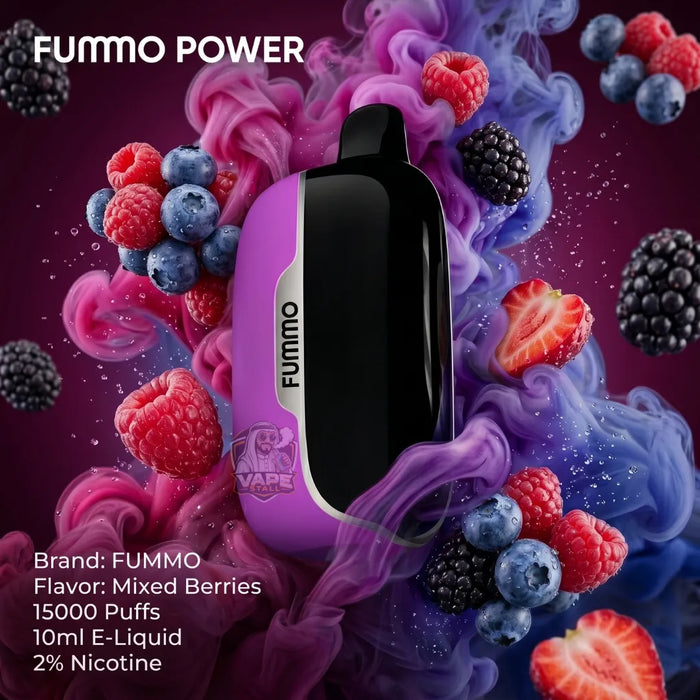 A FUMMO POWER disposable vape device in a purple and black color scheme, surrounded by colorful liquid smoke and fresh mixed berries like raspberries, blueberries, and blackberries. The image features text overlays detailing the flavor as 'Mixed Berries' and listing specifications including 10ml e-liquid, 15000 puffs, and 2% nicotine.