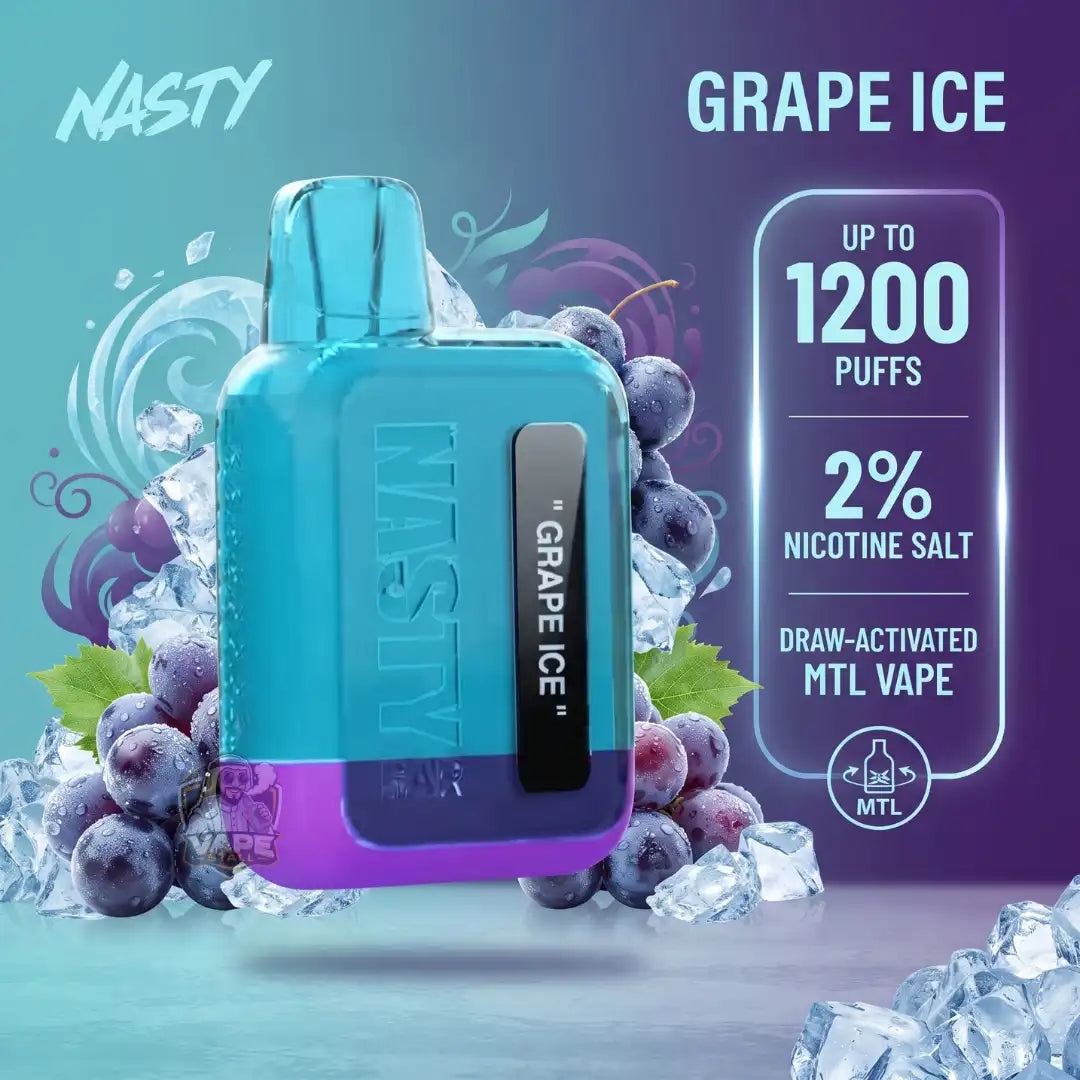 A Nasty Grape Ice draw-activated MTL vape device in a translucent blue and purple colorway, surrounded by grapes, ice cubes, and promotional text detailing its 1200 puffs and 2% nicotine salt.