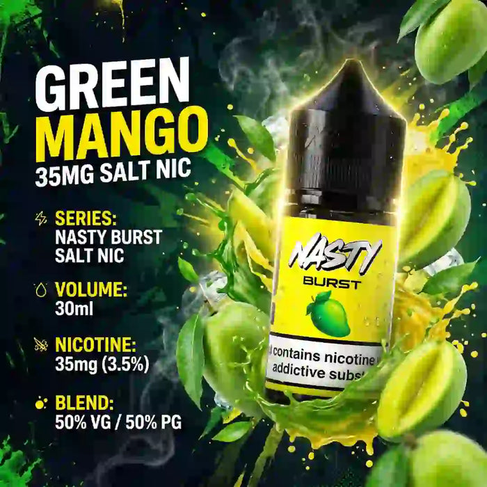 A bottle of Nasti Burst e-liquid in the Green Mango flavor, shown against a dynamic background of sliced mangoes and green splatters. The bottle has a black cap and a yellow label with a green mango illustration.