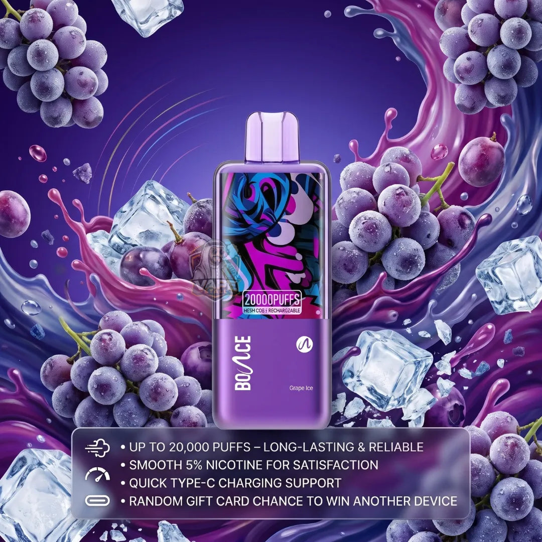 A purple BOVACE disposable vape device with a colorful graphic screen, set against a dynamic background of purple grape juice splashes, whole grapes, and ice cubes. A dark translucent banner at the bottom lists product features.