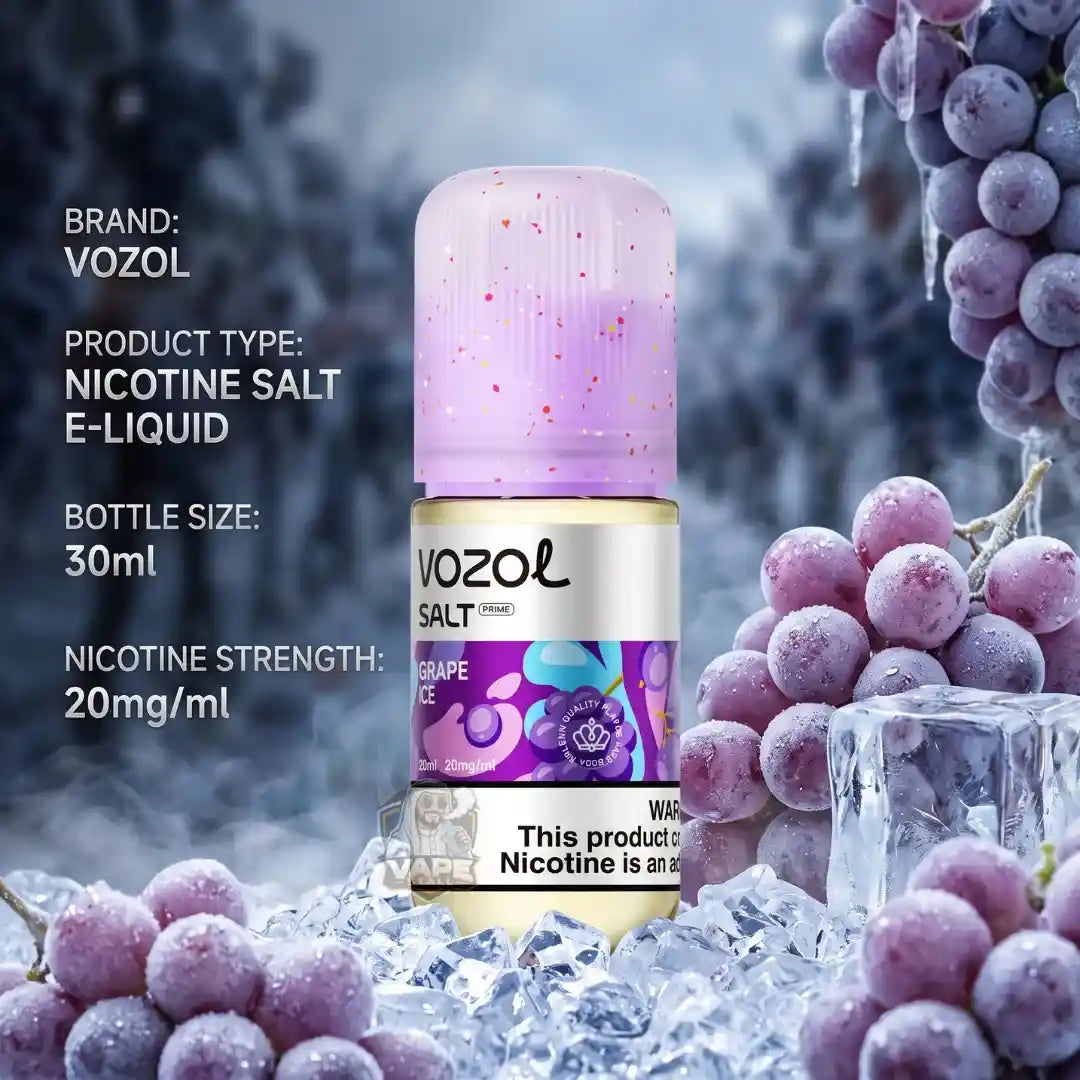 A bottle of Vozol Grape Ice nicotine salt e-liquid is centered against a frosty winter forest background with ice cubes and frozen grape clusters. White text on the left lists the brand, product type, bottle size, and nicotine strength.