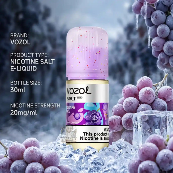 A bottle of Vozol Grape Ice nicotine salt e-liquid is centered against a frosty winter forest background with ice cubes and frozen grape clusters. White text on the left lists the brand, product type, bottle size, and nicotine strength.
