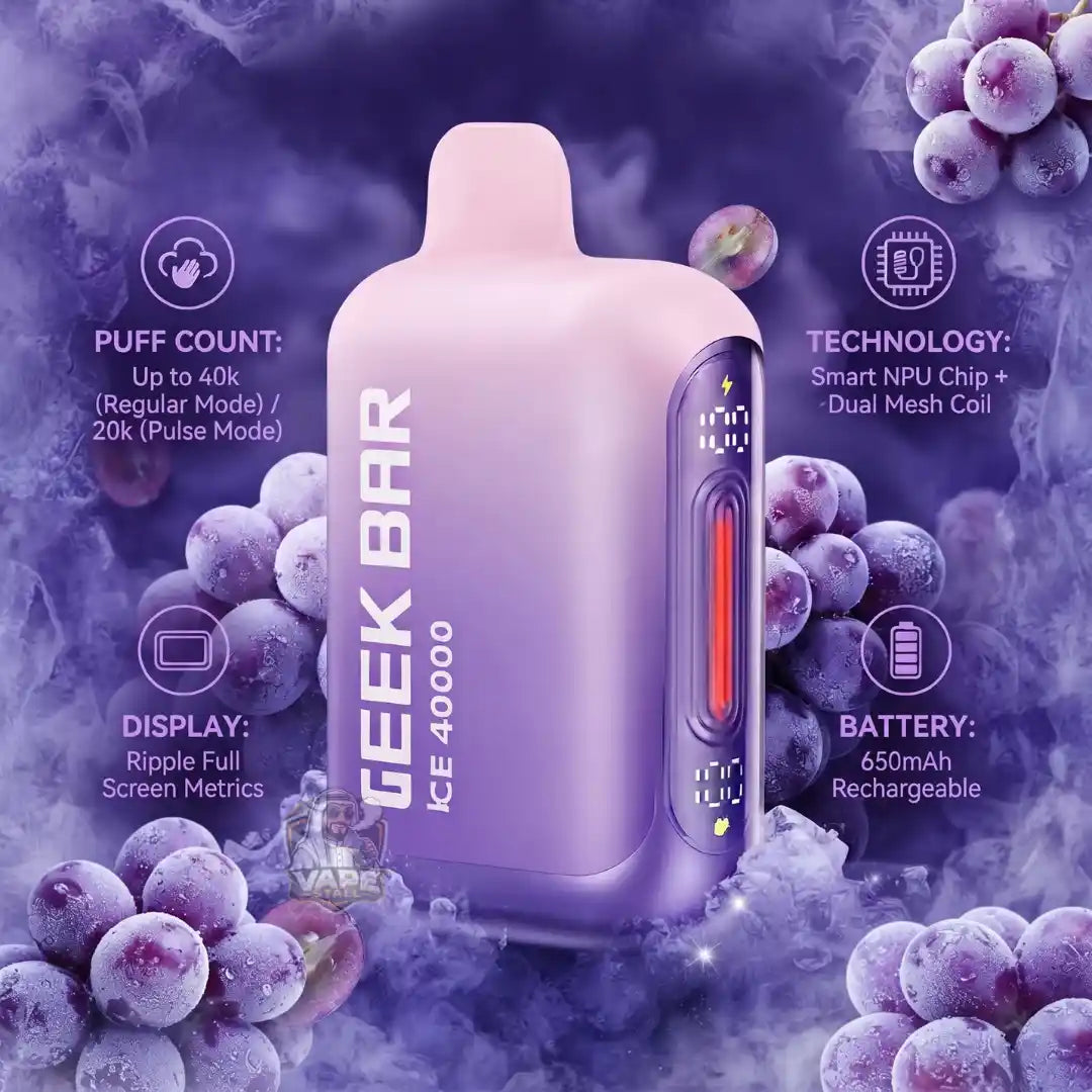 A Geek Bar Ice 40000 disposable vape device in a pastel pink-to-lavender gradient, surrounded by purple grape illustrations and text detailing its puff count, technology, display, and battery.