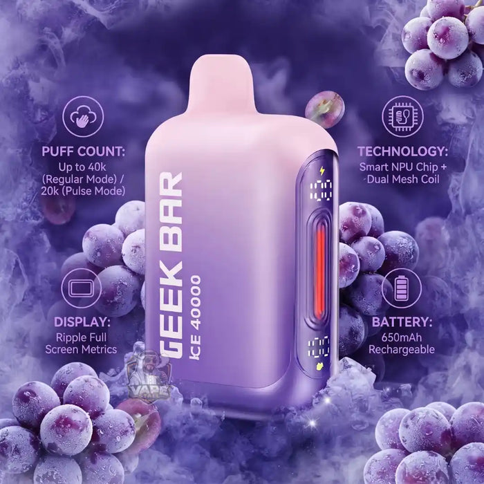 A Geek Bar Ice 40000 disposable vape device in a pastel pink-to-lavender gradient, surrounded by purple grape illustrations and text detailing its puff count, technology, display, and battery.