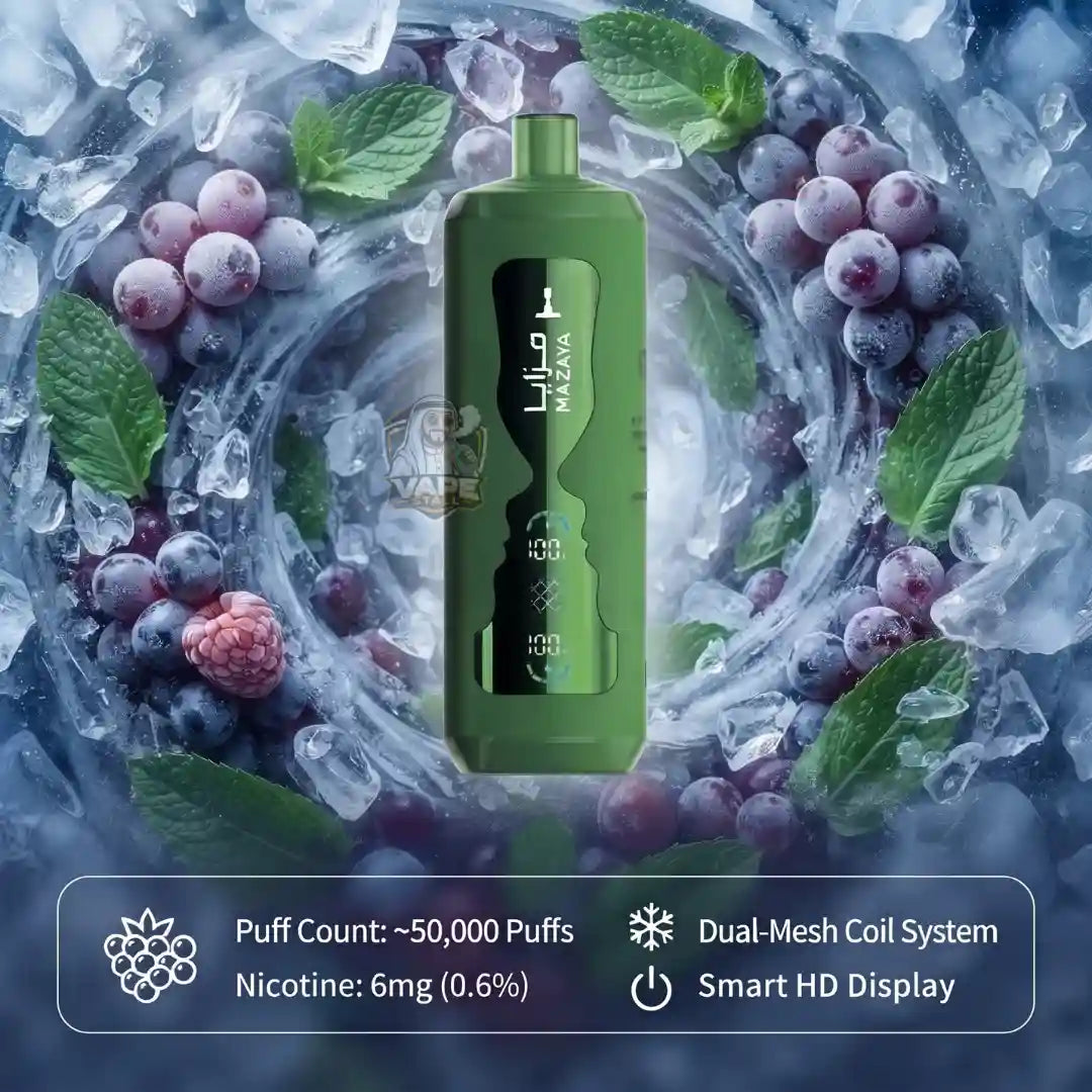 A green disposable vape device centered on a styled background of ice, berries, and mint leaves. The device has a black front panel with white text showing '1900' and 'MADE IN CHINA'.