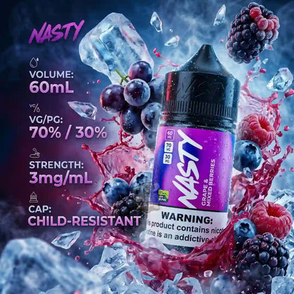 A bottle of NASTY e-liquid flavoring, Grape Ice, surrounded by fresh berries, ice cubes, and a dynamic splash of dark red liquid. The bottle features a purple label with white branding.