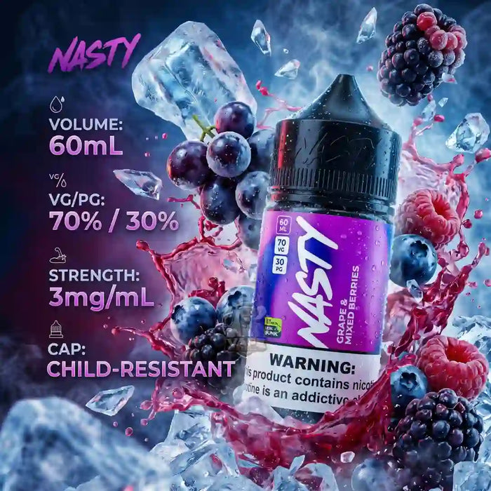 A bottle of NASTY e-liquid flavoring, Grape Ice, surrounded by fresh berries, ice cubes, and a dynamic splash of dark red liquid. The bottle features a purple label with white branding.