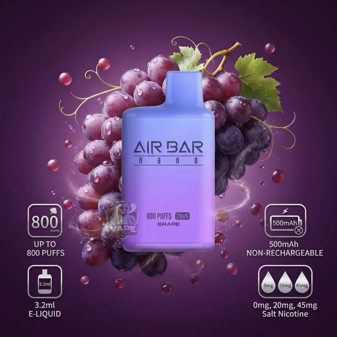 A purple AIR BAR nano vape device with grape graphics, surrounded by realistic purple grapes and water droplets on a dark purple background, with feature icons on the sides.