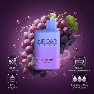A purple AIR BAR nano vape device with grape graphics, surrounded by realistic purple grapes and water droplets on a dark purple background, with feature icons on the sides.