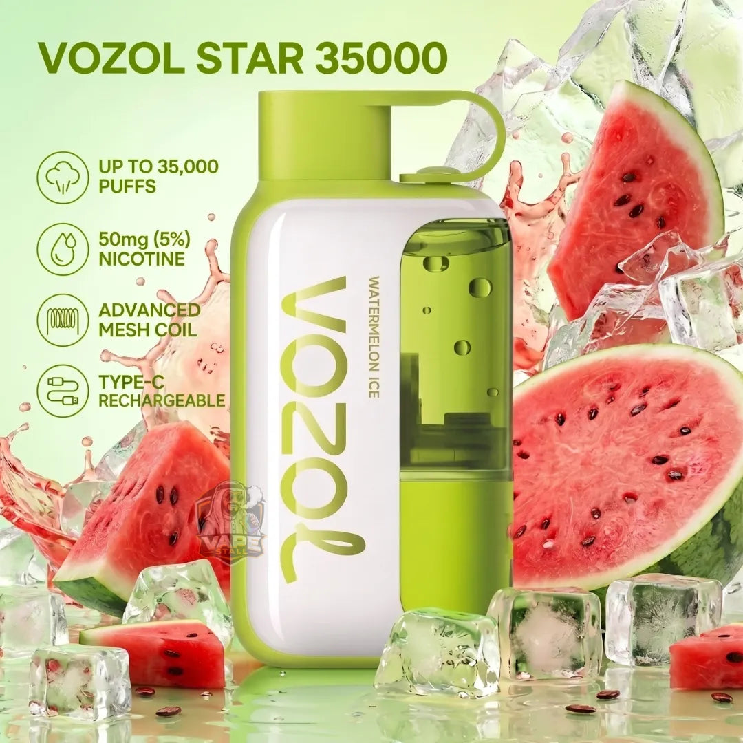 Vozol Star 35000 disposable vape device in a watermelon ice flavor, shown with watermelon slices, ice cubes, and a green background. The device is white and lime green with 'VOZOL' printed vertically on the front.