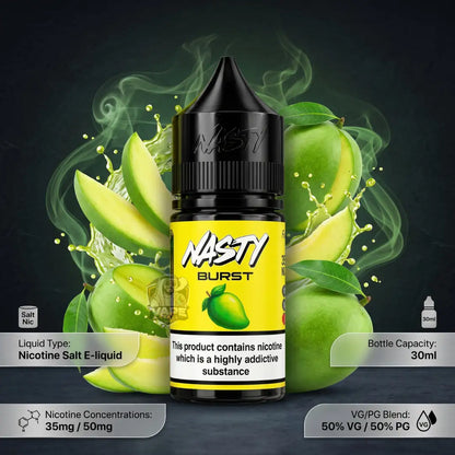 A bottle of NASTY BURST e-liquid centered against a dark background with sliced mangoes, green mango splashes, and smoke effects. The bottle has a black cap and a bright yellow label with the NASTY BURST branding and a mango illustration.