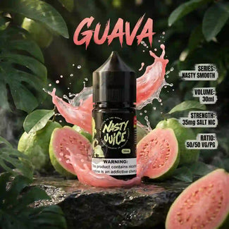 A bottle of Nasty Juice Guava e-liquid is shown in a tropical setting with sliced guava fruit, green leaves, and a pink liquid splash. Text on the right lists the series, volume, strength, and ratio.