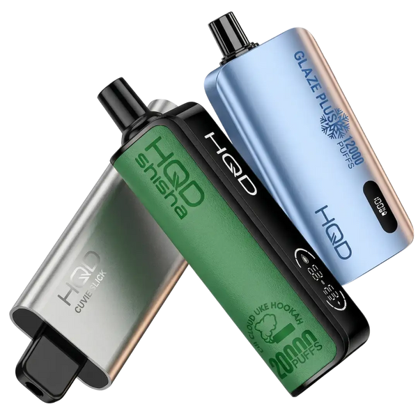 Two vaping devices, one green and one blue, with 'HQD' branding on a white background.