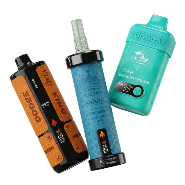 Three vaping devices with different designs and branding on a white background