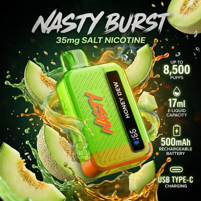 A green and orange disposable vape device labeled 'NASTY BURST' and 'HONEY DEW' is shown with sliced melon graphics and liquid splash effects on a dark background. Text highlights '35mg SALT NICOTINE,' 'UP TO 8,500 PUFFS,' '17ml E-LIQUID CAPACITY,' '500mAh RECHARGEABLE BATTERY,' and 'USB TYPE-C CHARGING.
