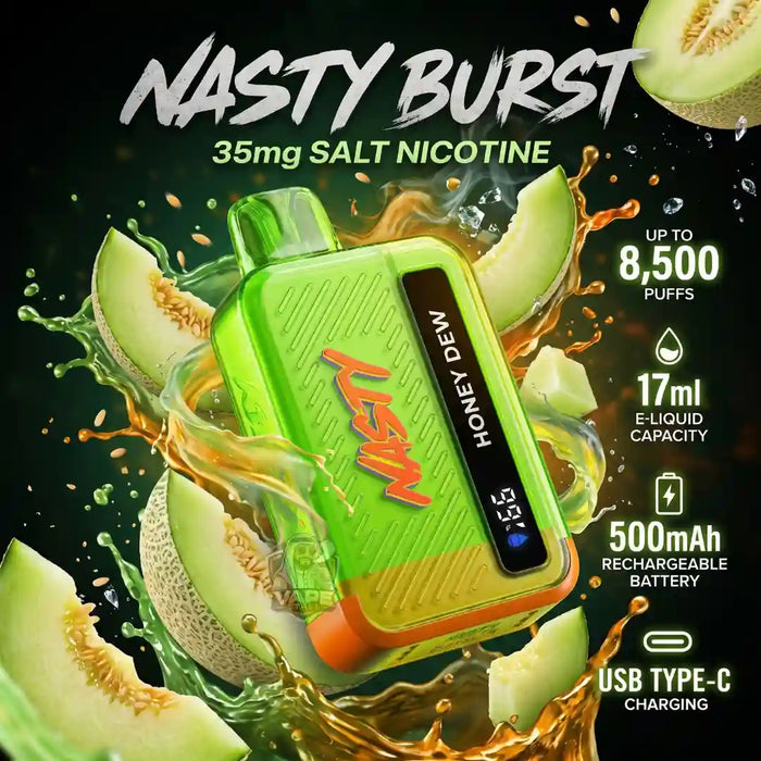 A green and orange disposable vape device labeled 'NASTY BURST' and 'HONEY DEW' is shown with sliced melon graphics and liquid splash effects on a dark background. Text highlights '35mg SALT NICOTINE,' 'UP TO 8,500 PUFFS,' '17ml E-LIQUID CAPACITY,' '500mAh RECHARGEABLE BATTERY,' and 'USB TYPE-C CHARGING.