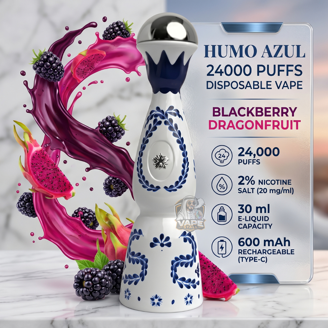 HumoAzul24000PuffsDisposableVapeBlackberryDragonfruit, Disposable vape with blackberry and dragonfruit flavor on a marble surface
