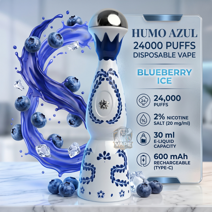 HumoAzul24000PuffsDisposableVapeBlueberryIce, Disposable vape with blue and white design, surrounded by blueberries and ice cubes on a light background.