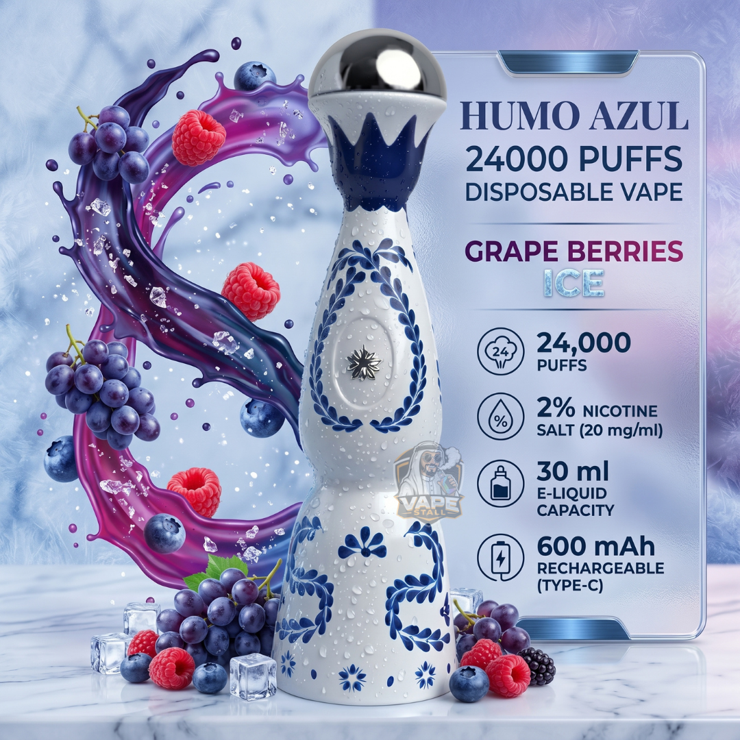 HumoAzul24000PuffsDisposableVapeGrapeBerriesIce, Disposable vape with grape berries ice flavor on a colorful background
