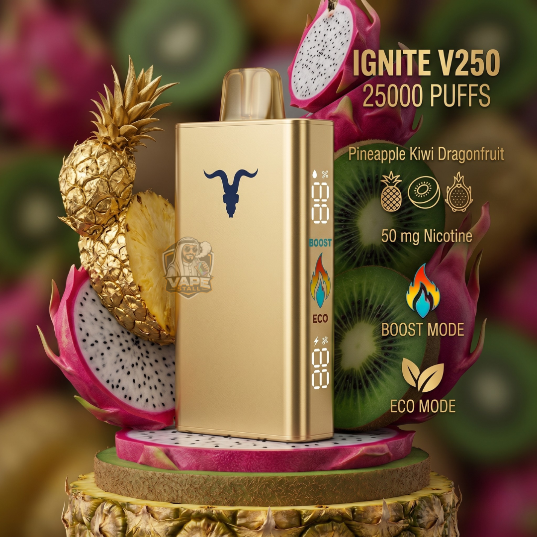 IGNITEV25025000puffs50mgPineappleKiwiDragonfruit, Gold vape device with fruit-themed design on a colorful background