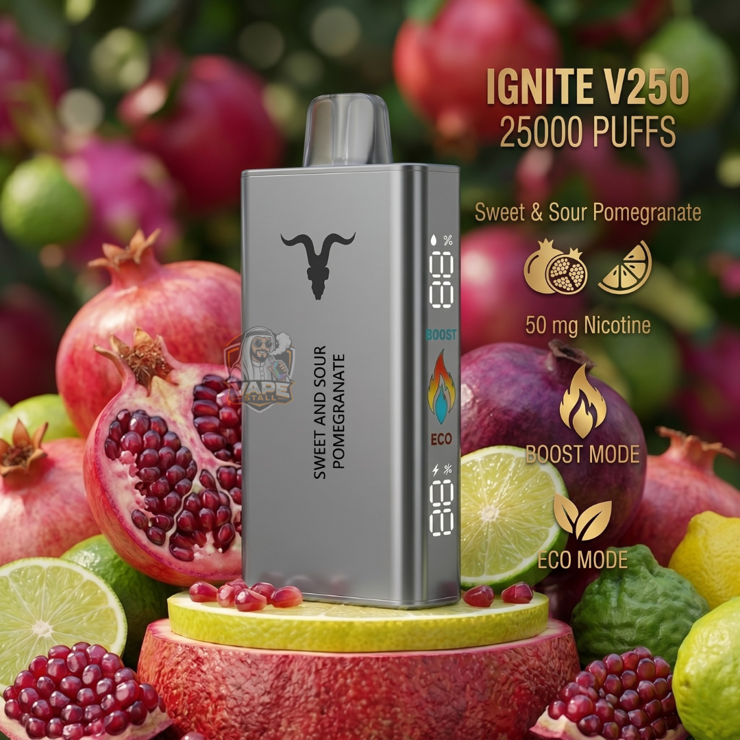 IGNITEV25025000puffs50mgSweet_SourPomegranate, Vape device with pomegranate and lime on a colorful background
