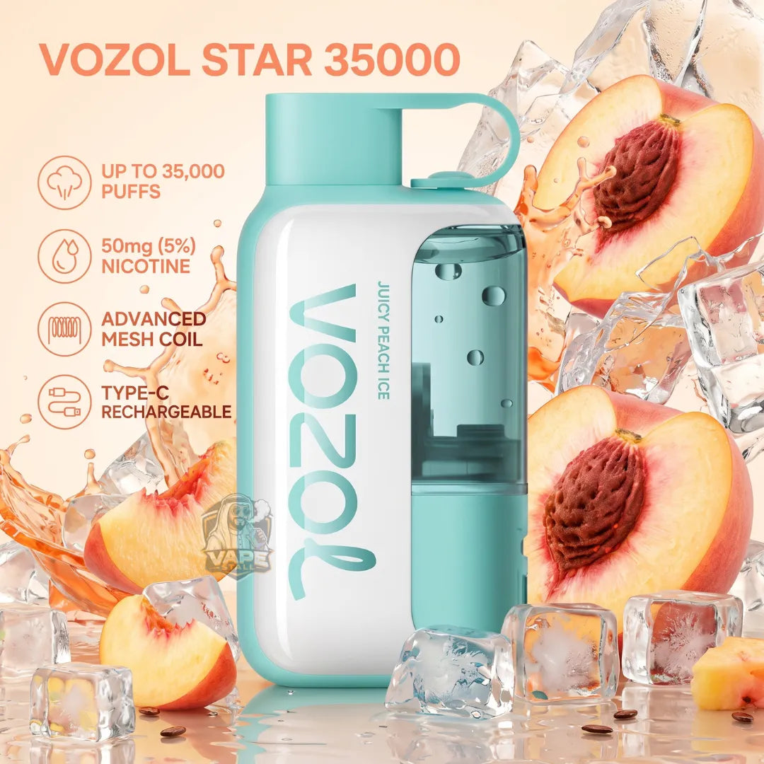A Vozol Star 35000 disposable vape device in mint green and white, surrounded by peach slices, ice cubes, and orange juice splash graphics. The left side features product specifications text on a peach-colored background.