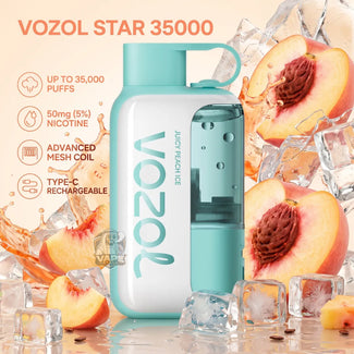 A Vozol Star 35000 disposable vape device in mint green and white, surrounded by peach slices, ice cubes, and orange juice splash graphics. The left side features product specifications text on a peach-colored background.