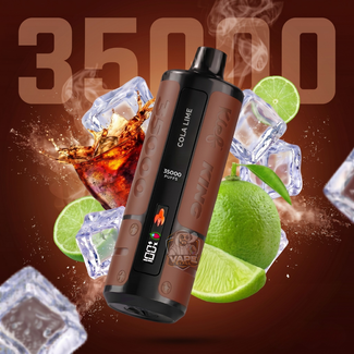 Kiefking35000puffs3mgColaLime, Vape device with cola-themed design surrounded by ice cubes and lime slices on a brown background.