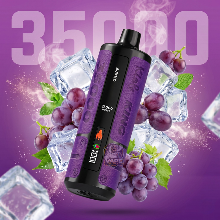 Kiefking35000puffs3mgGrape, Purple vape device with grapes and ice cubes on a purple background