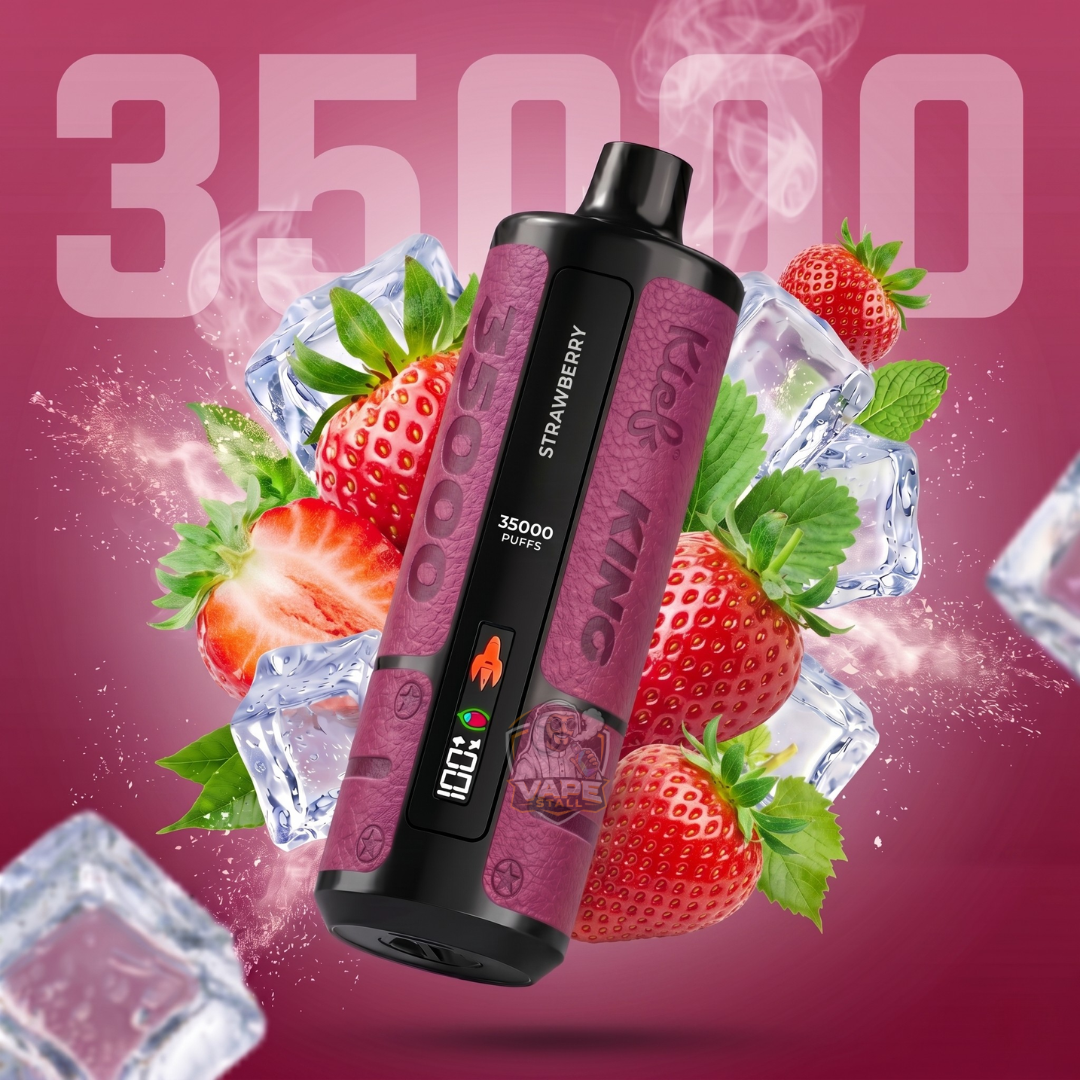 Kiefking35000puffs3mgStrawberry, Strawberry vape device with strawberries and ice cubes on a pink background