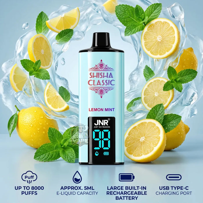 A JNR Shisha Classic Lemon Mint disposable vape device is centered against a dynamic background of ice, water droplets, fresh lemons, and mint leaves. The product features a light blue and white body with a black top and a digital display showing '98%'.