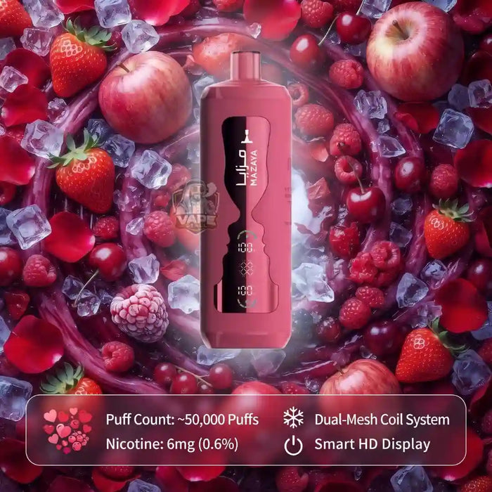A pink vape device centered against a rich fruit and ice background, with text overlays detailing product specs: 'Puff Count: ~50,000 Puffs', 'Nicotine: 6mg (0.6%)', 'Dual-Mesh Coil System', and 'Smart HD Display'.