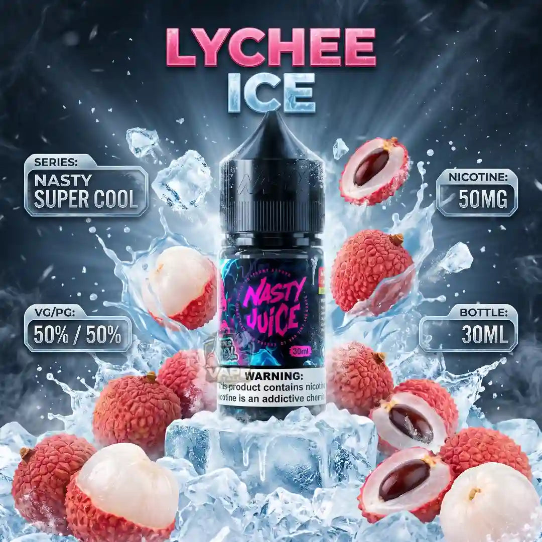 A 30ml bottle of 'Nasty Juice' Lychee Ice e-liquid centered against a dynamic background of splashing ice and fresh lychee fruits. The bottle features a black label with pink and purple branding.