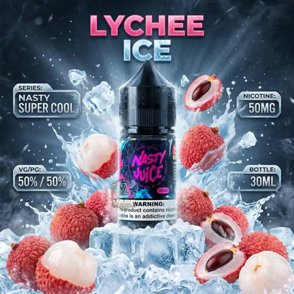 A 30ml bottle of 'Nasty Juice' Lychee Ice e-liquid centered against a dynamic background of splashing ice and fresh lychee fruits. The bottle features a black label with pink and purple branding.