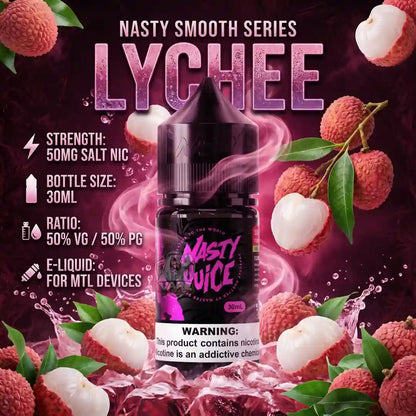 A bottle of Nasty Juice Lychee e-liquid centered on a dark purple promotional graphic with lychee fruit, white lychee halves, leaves, and text listing strength, bottle size, ratio, and device compatibility.